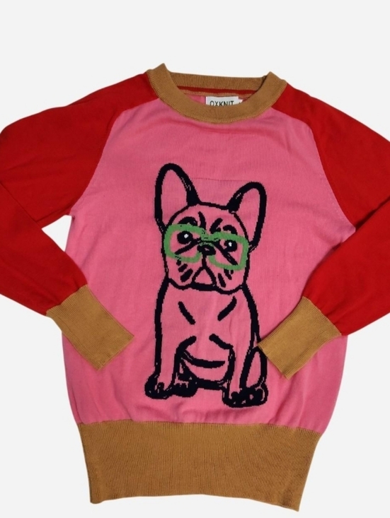 OXKnit Sweaters - Oxknit French Bulldog Graphic Sweater Pink & Red Colorblock Medium